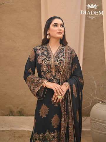 Black Floral Embroidered Crepe Palazzo Salwar Suit for Girls - Diadem