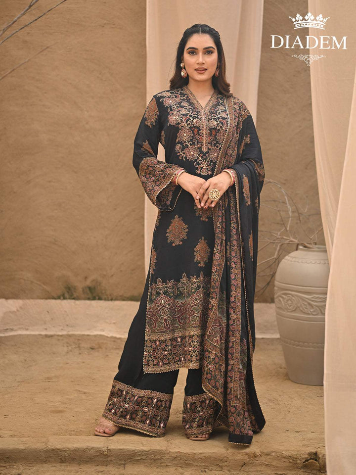 Black Floral Embroidered Crepe Palazzo Salwar Suit for Girls - Diadem