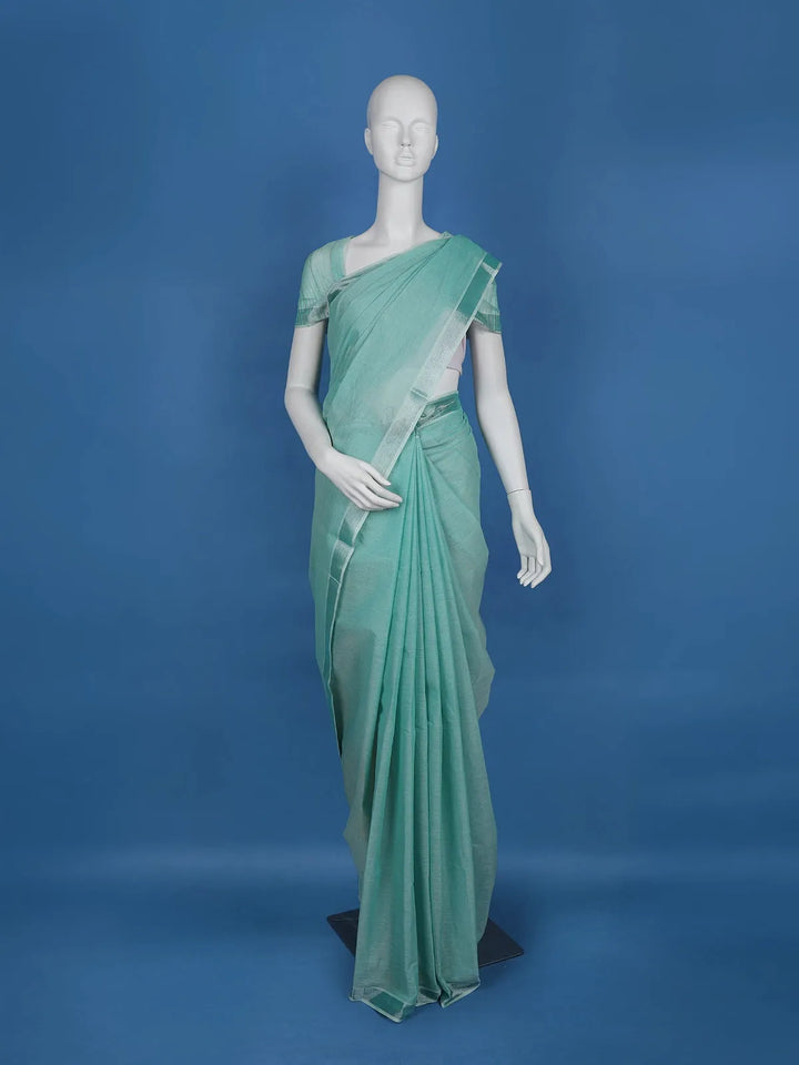 Aqua Green With Designed Border Cotton Saree - Diadem
