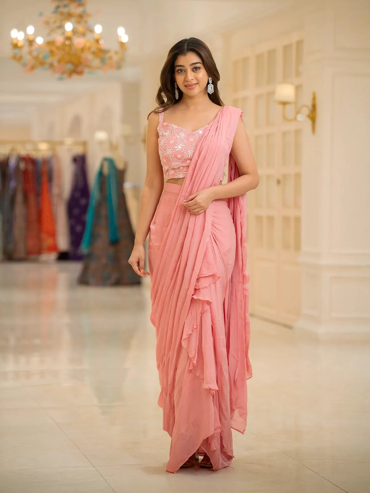 saree dress pink Pink Heavy Work Georgette Gown with Dupatta