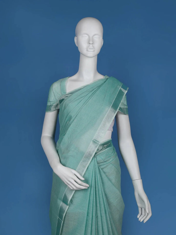 Aqua Green With Designed Border Cotton Saree - Diadem