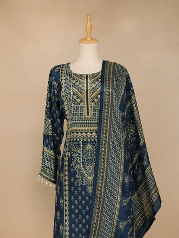 Navy Blue Floral Print Rayon Straight Cut Salwar Suit - Diadem