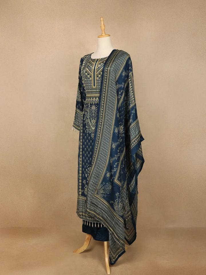 Navy Blue Floral Print Rayon Straight Cut Salwar Suit - Diadem