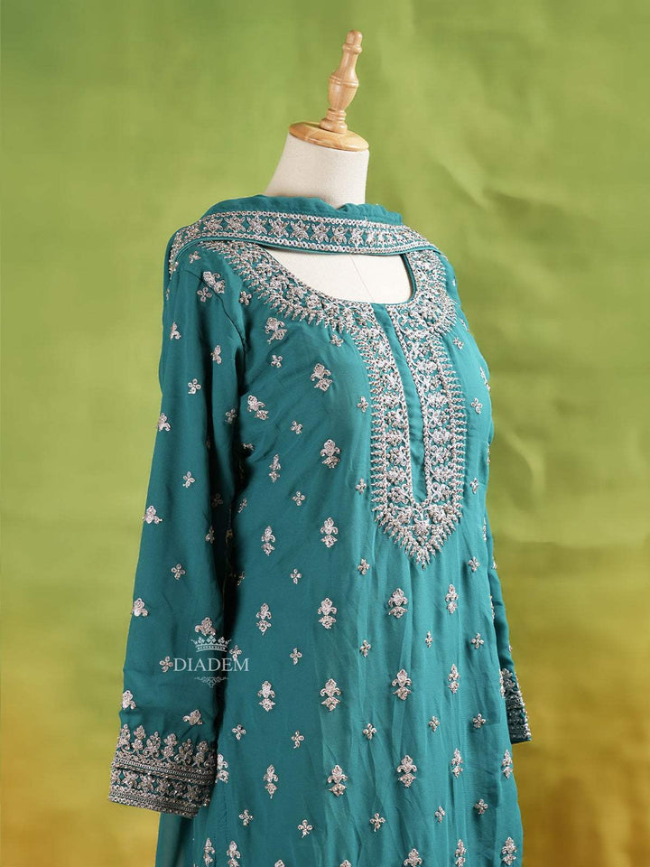 Green Palazzo Suit Adorned with Floral Embroidery, With Dupatta and 3/4 Sleeve - Diadem