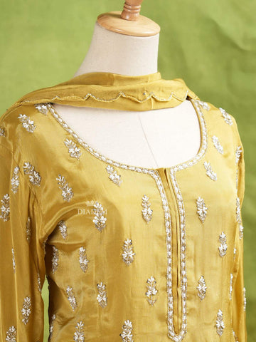 Mustard Yellow Palazzo Suit Adorned with Floral Embroidery, With Dupatta and 3/4 Sleeve - Diadem