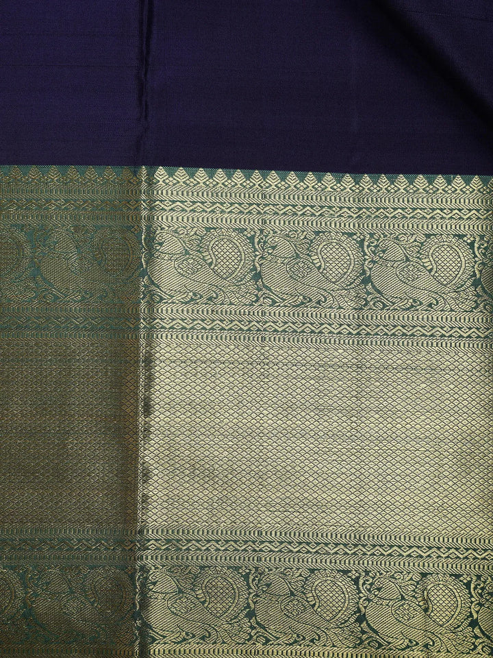 Dark Navy Blue Floral Woven Pure Kanchipuram Silk Saree - Diadem