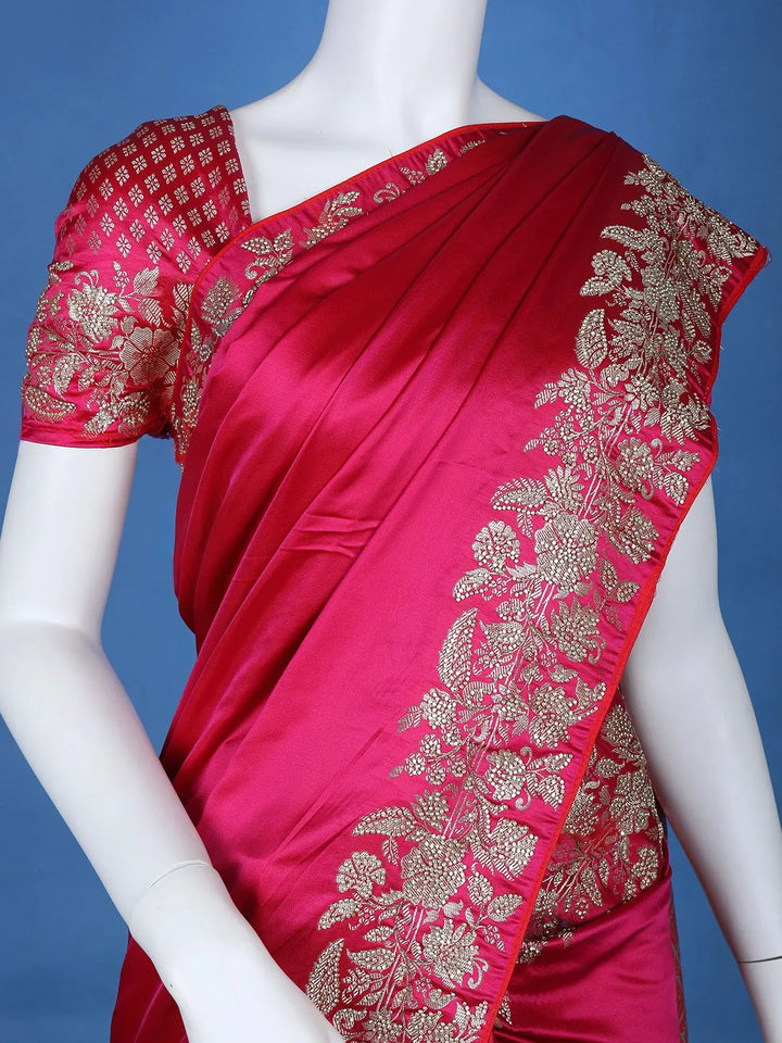 Queen Pink Floral Designed Bridal Banarasi Silk Saree - Diadem