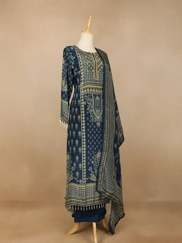 Navy Blue Floral Print Rayon Straight Cut Salwar Suit - Diadem