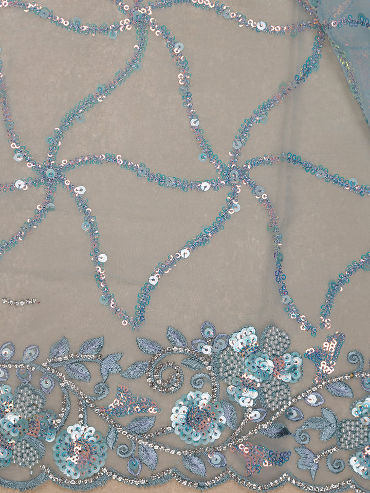Ice Blue Floral Designed Organza Designer Saree - Diadem