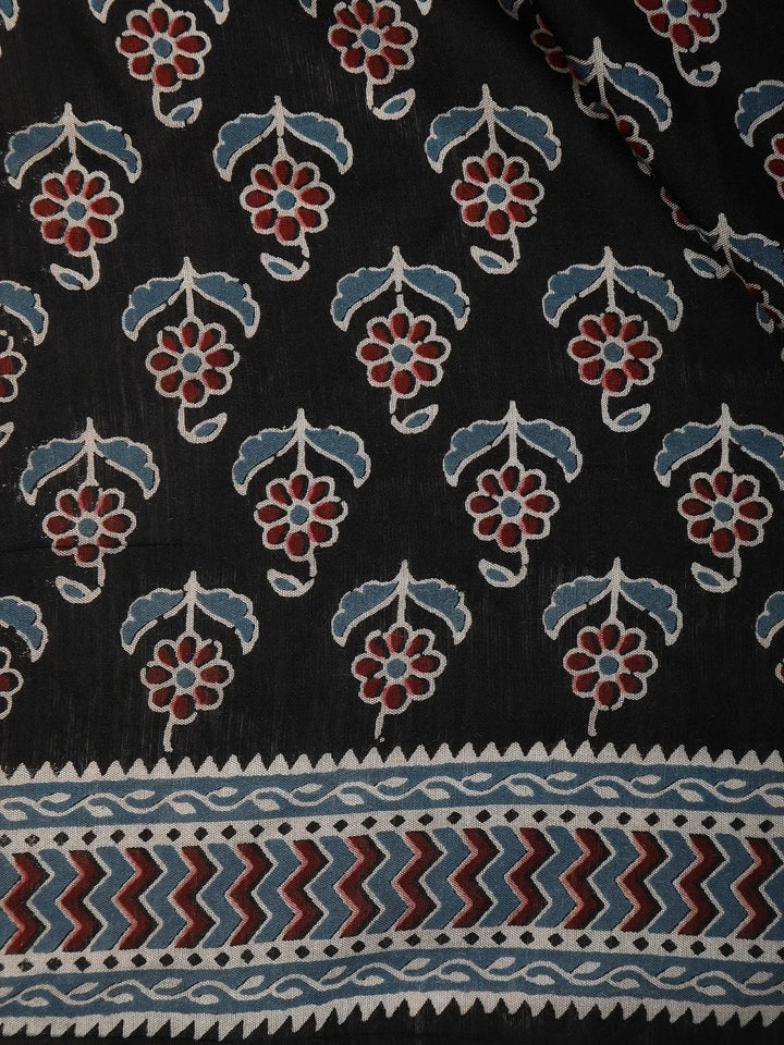 Black Floral Design Cotton Saree - Diadem