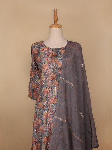Grey Floral Designed Semi Silk Salwar Suit - Diadem