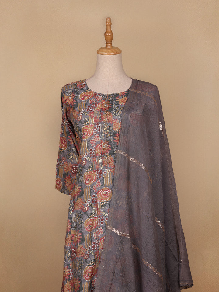 Grey Floral Designed Semi Silk Salwar Suit - Diadem
