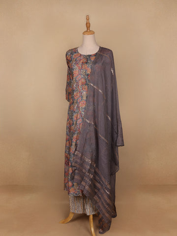 Grey Floral Designed Semi Silk Salwar Suit - Diadem