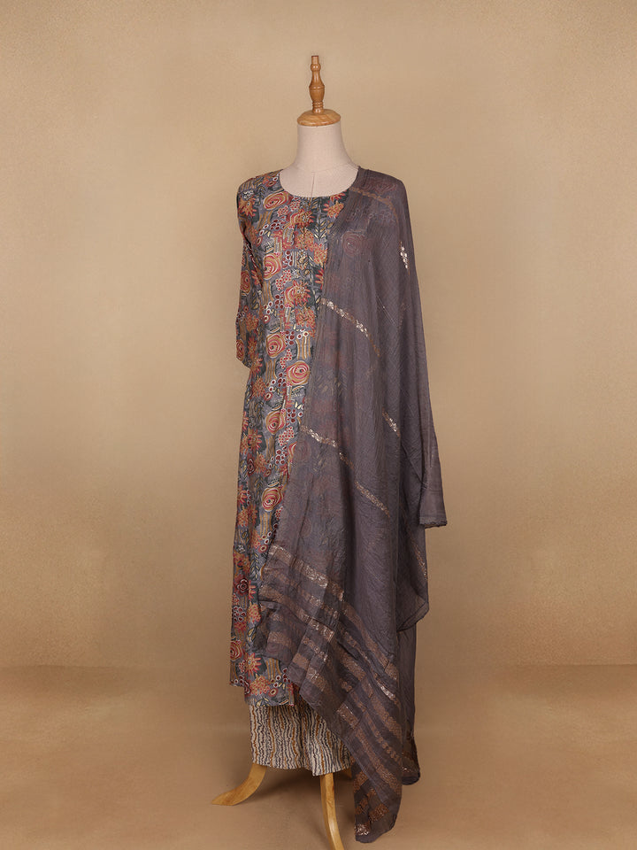 Grey Floral Designed Semi Silk Salwar Suit - Diadem