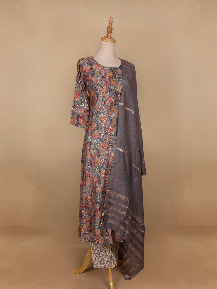 Grey Floral Designed Semi Silk Salwar Suit - Diadem
