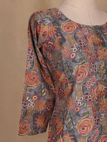 Grey Floral Designed Semi Silk Salwar Suit - Diadem