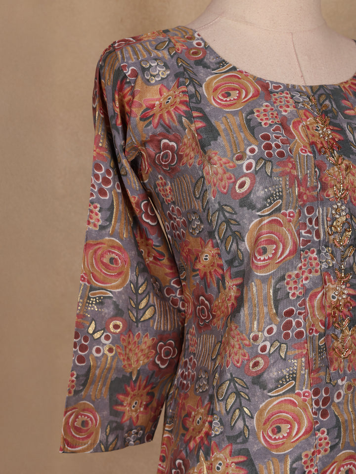 Grey Floral Designed Semi Silk Salwar Suit - Diadem