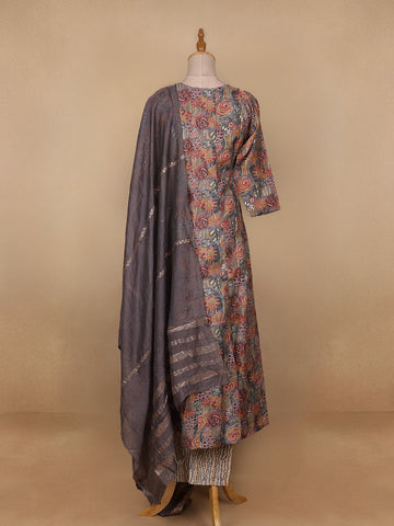Grey Floral Designed Semi Silk Salwar Suit - Diadem