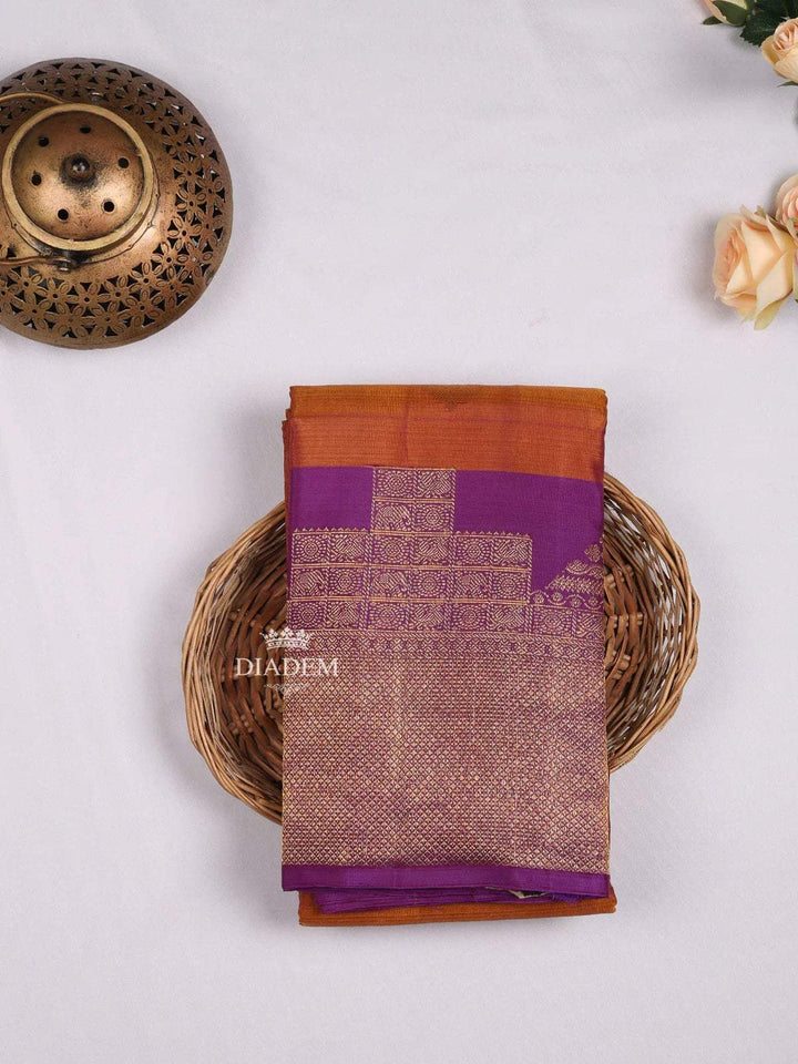 Mustard Pure Kanchipuram Bridal Silk Saree with Floral Motif on the body and Contrast Zari Border - Diadem