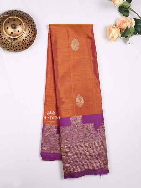 Mustard Pure Kanchipuram Bridal Silk Saree with Floral Motif on the body and Contrast Zari Border - Diadem