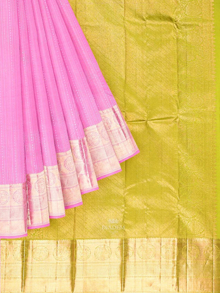 Light Pink Pure Kanchipuram Bridal Silk Saree with Dot Stripes Design on the Body and Zari Border - Diadem