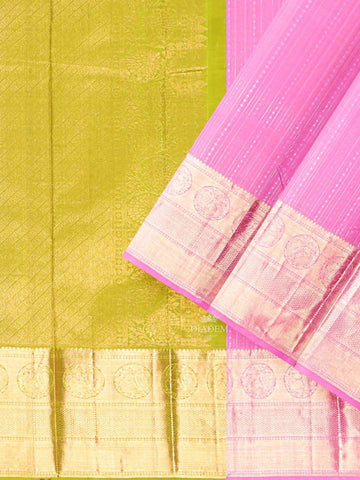 Light Pink Pure Kanchipuram Bridal Silk Saree with Dot Stripes Design on the Body and Zari Border - Diadem