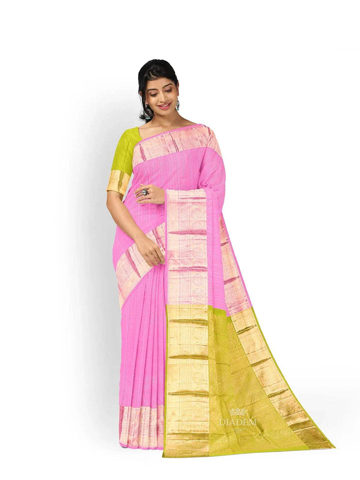 Light Pink Pure Kanchipuram Bridal Silk Saree with Dot Stripes Design on the Body and Zari Border - Diadem