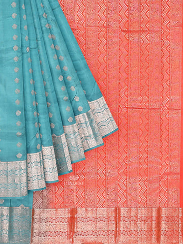 Aqua Blue Pure Kanchipuram Saree with Zari Butta on the body and Zari Border - Diadem