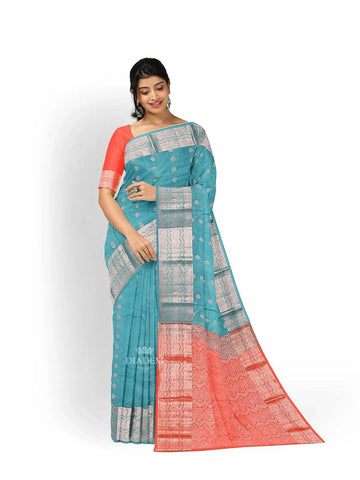 Aqua Blue Pure Kanchipuram Saree with Zari Butta on the body and Zari Border - Diadem