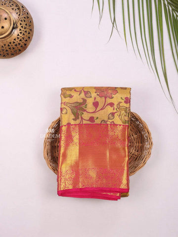 Gold Pure Kanchipuram Bridal Silk Saree with Floral Motif on the body and Contrast Zari Border - Diadem