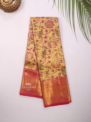 Gold Pure Kanchipuram Bridal Silk Saree with Floral Motif on the body and Contrast Zari Border - Diadem