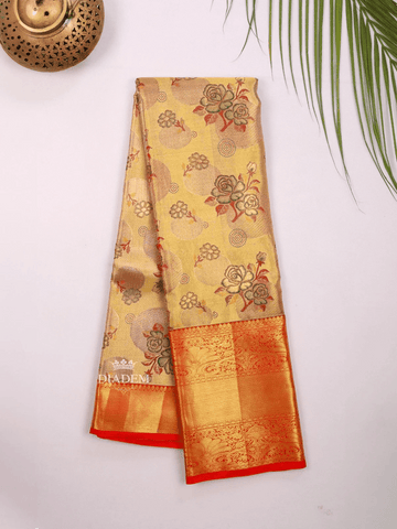 Mustard Pure Kanchipuram Bridal Silk Saree with Floral Motif on the body and Zari Border - Diadem