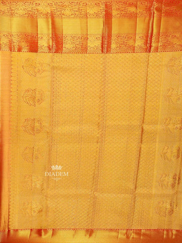 Mustard Pure Kanchipuram Bridal Silk Saree with Floral Motif on the body and Zari Border - Diadem