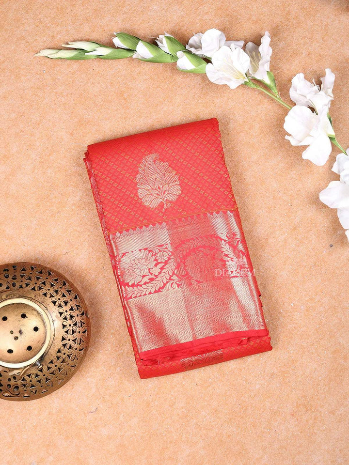 Red Pure Kanchipuram Bridal Silk Saree with Leaf Jacquard Design on the Body with Zari Border - Diadem