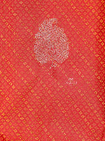 Red Pure Kanchipuram Bridal Silk Saree with Leaf Jacquard Design on the Body with Zari Border - Diadem