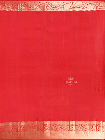 Red Pure Kanchipuram Bridal Silk Saree with Leaf Jacquard Design on the Body with Zari Border - Diadem