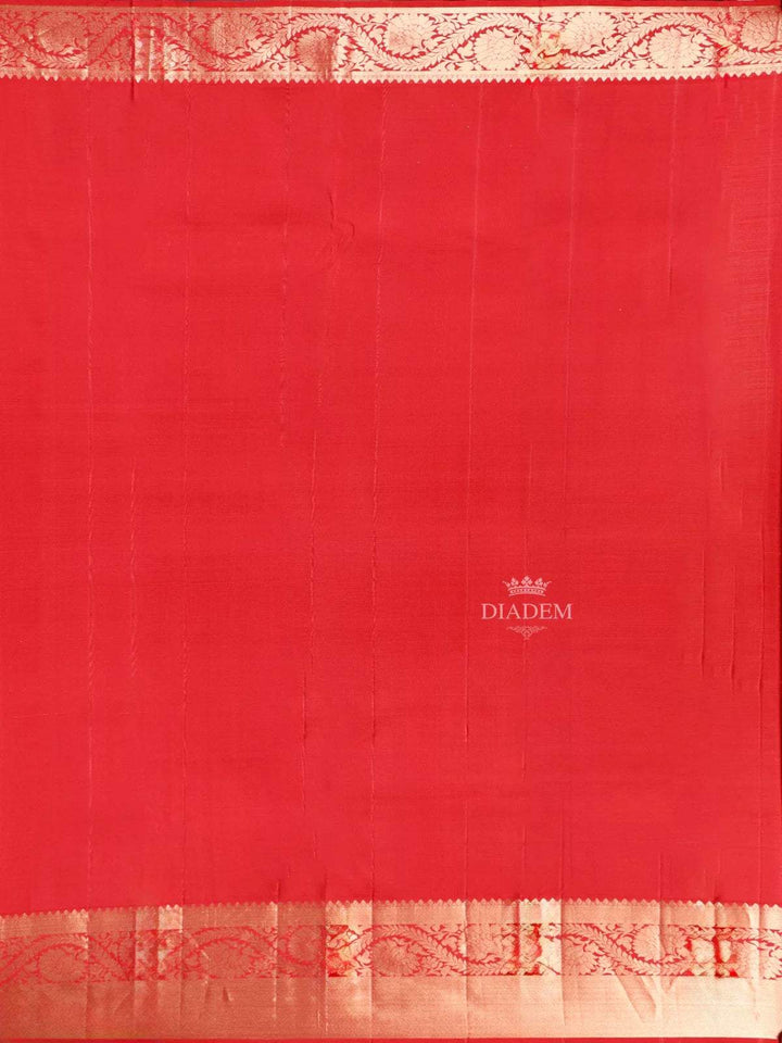 Red Pure Kanchipuram Bridal Silk Saree with Leaf Jacquard Design on the Body with Zari Border - Diadem