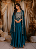 Teal Green Floral Zari and Stone Embroidered Design Organza Skirt Top With Over Coat