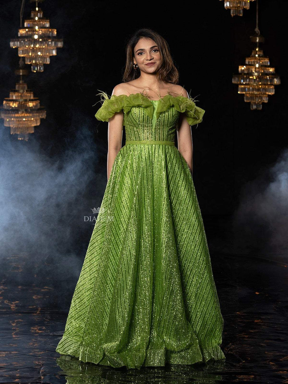 Green Net Gown with Sequins and Glitters