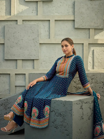 Blue Floral Printed Synthetic Salwar Suit - Diadem