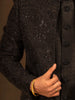 Black Raw Silk Floral Designed Sherwani Suit