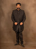 Black Raw Silk Floral Designed Sherwani Suit