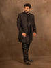 Black Raw Silk Floral Designed Sherwani Suit