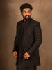 Black Raw Silk Floral Designed Sherwani Suit