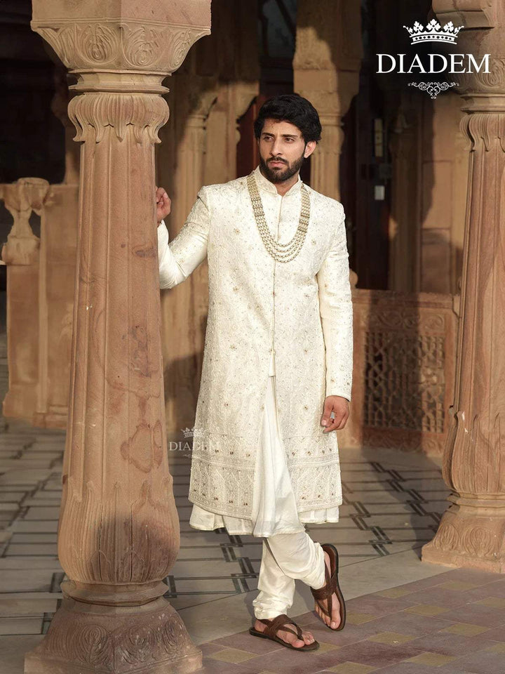 Off-White Raw Silk Sherwani Suit with Threadwork Embroidery and Stones, Paired with Beaded Mala - Diadem