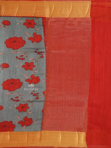 Grey Banarasi Saree with Flower Design on the Body with Contrast Zari Border - Diadem