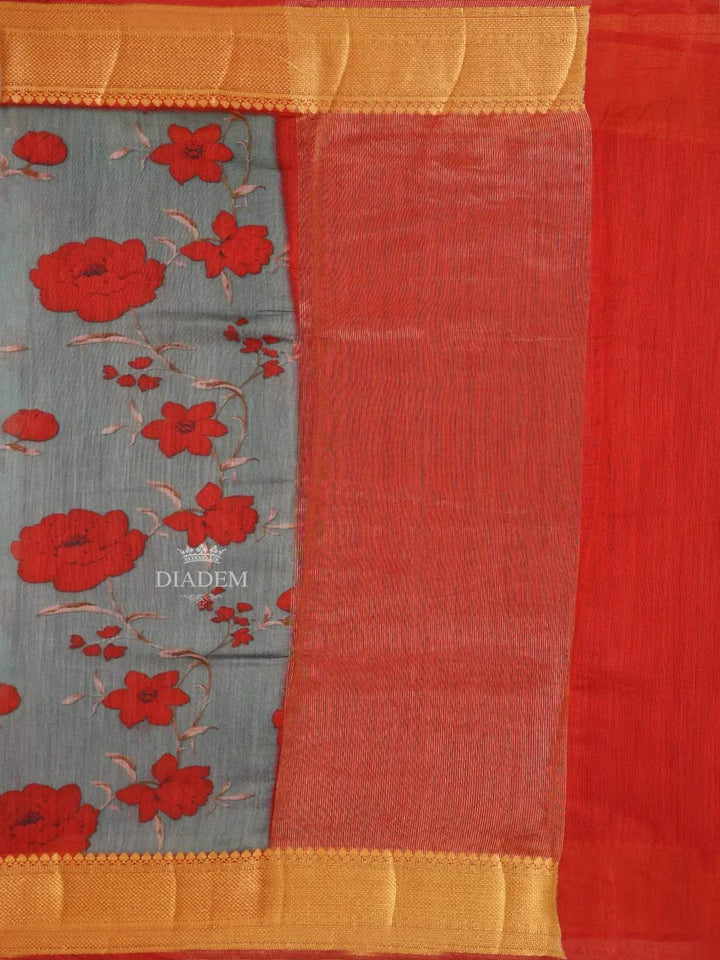Grey Banarasi Saree with Flower Design on the Body with Contrast Zari Border - Diadem