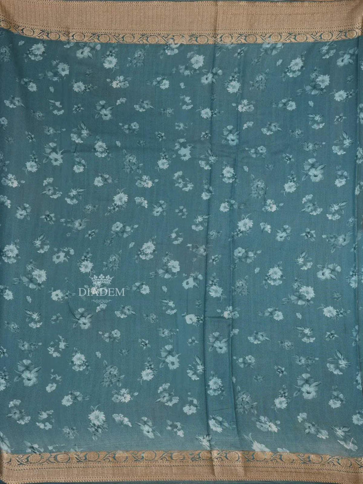 Teal Blue Banarasi Saree with Flower and Leaf Design on the Body and Zari Border - Diadem