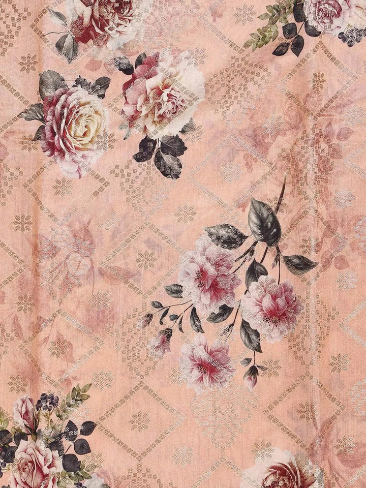 Peach Banarasi Saree with Flower Jacquard Design on the Body with Zari Border - Diadem