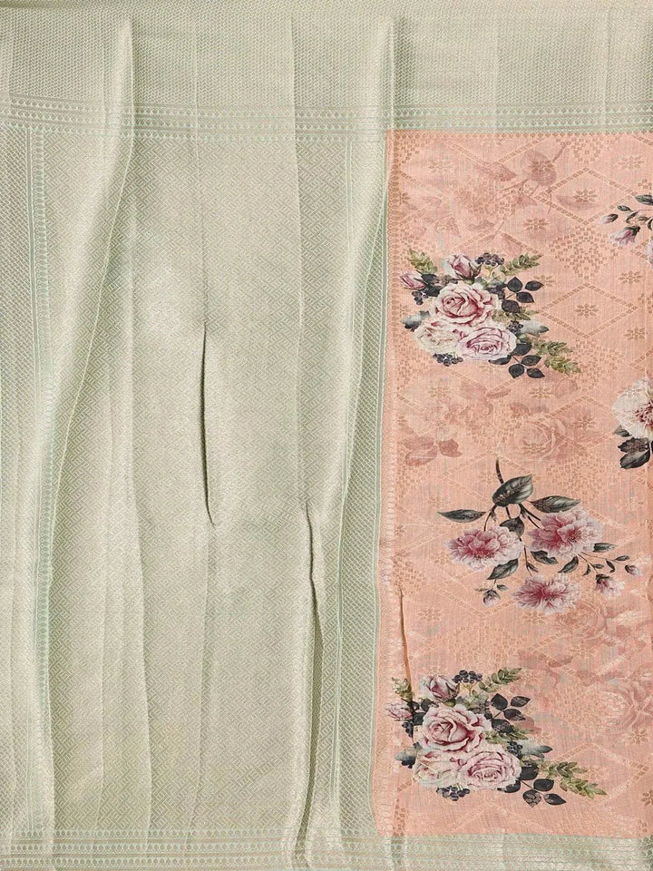 Peach Banarasi Saree with Flower Jacquard Design on the Body with Zari Border - Diadem